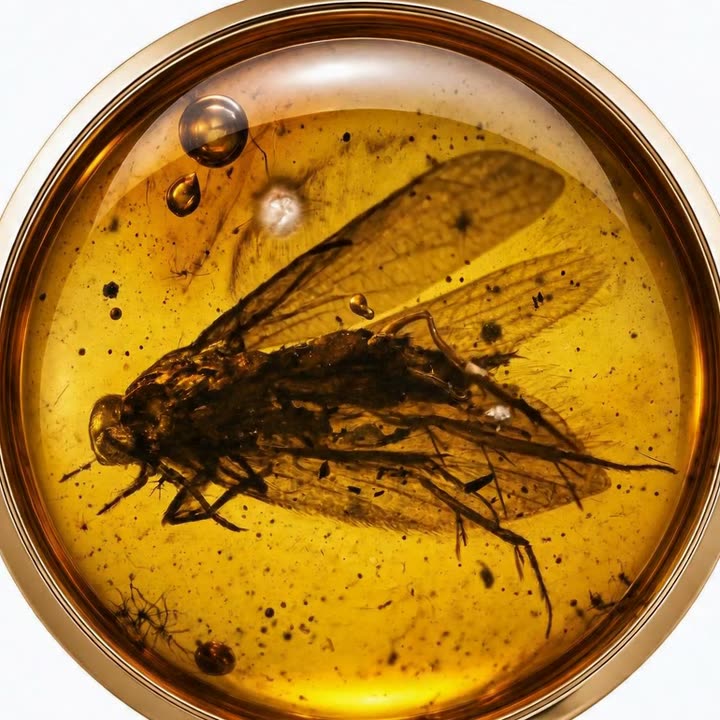 Caddisfly-like inclusion in Baltic amber with spread wings and trapped water droplets