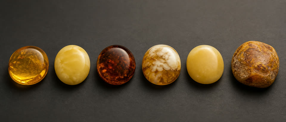 Typologie-Tafel: sechs baltische Bernstein-Spielarten nebeneinander auf dunklem Grau, transparenter Honig, knochenweiß-massiv, tief-cognac, weißmarmoriert, eierschalig, naturbelassen mit Patina-Kruste