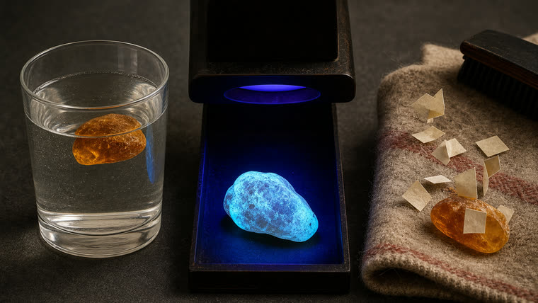 A home test setup for Baltic amber: a glass of salt water, a UV torch and a loupe.