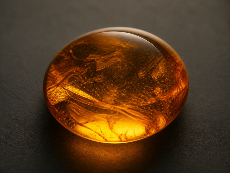 Macro eines transparenten Honig-Naturbernstein-Cabochons mit warmem inneren Glühen unter Hinterlicht