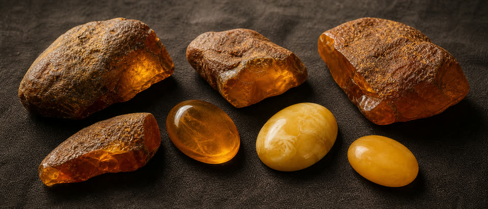 Raw and polished Baltic amber side by side, showing the range of colour and clarity that determines value.