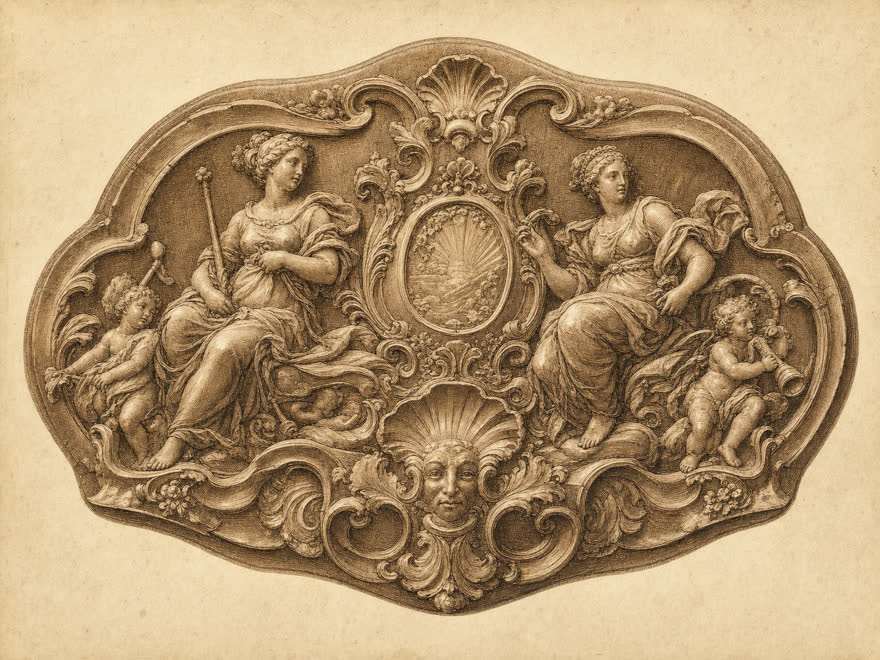 Barockes geschnitztes Bernstein-Relief in der Manier Christoph Dobbermanns, um 1700, digitale Illustration im Kupferstich-Stil
