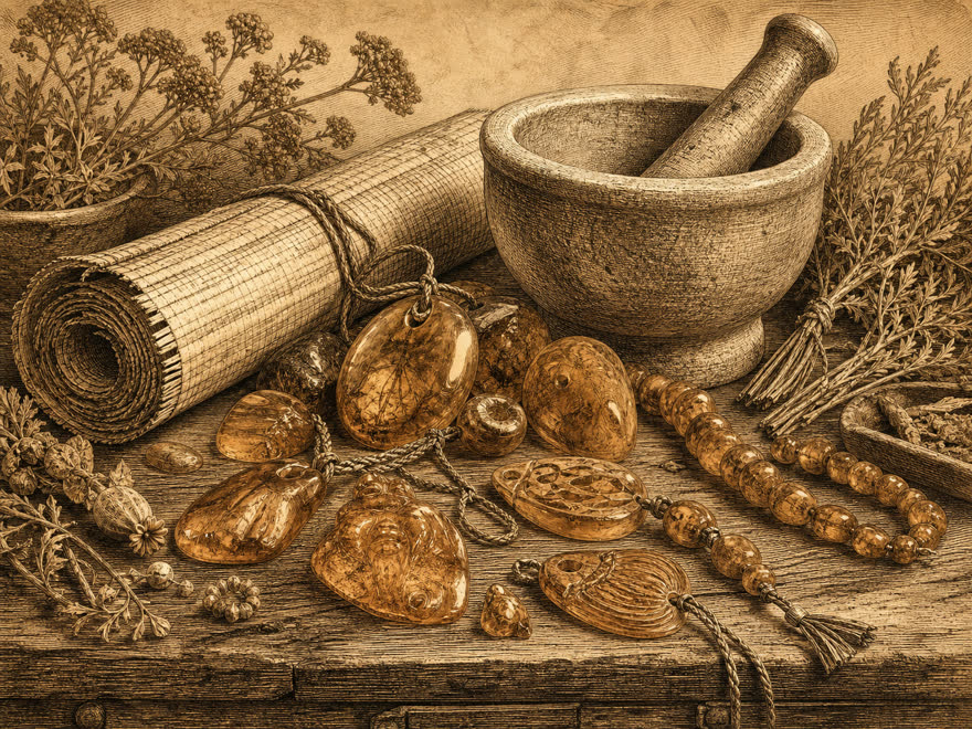 Bernstein-Amulette in der antiken Heilkunde mit Mörser, Papyrus und Kräutern, digitale Illustration im Kupferstich-Stil