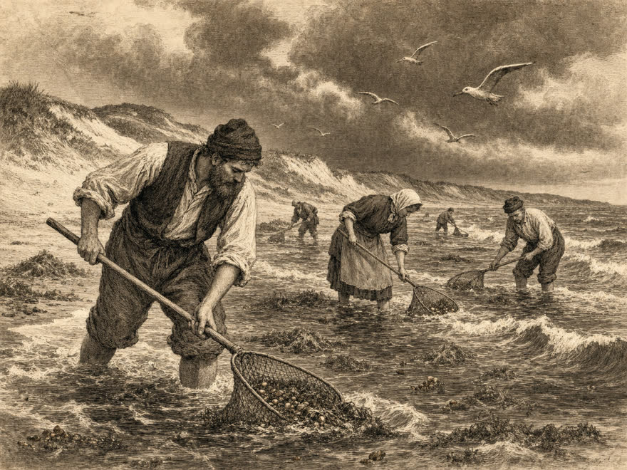 Bernsteinfischer mit Keschern in der Ostsee-Brandung am Samland, antiker, digitale Illustration im Kupferstich-Stil