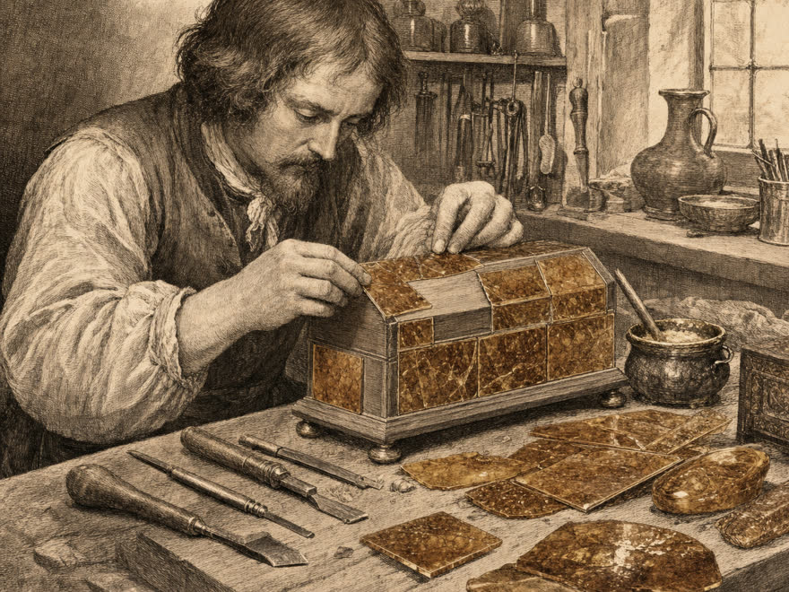 Inkrustationstechnik: Handwerker belegt einen Holzkern-Kasten mit dünnen Bernsteinplättchen, um 1660, digitale Illustration im Kupferstich-Stil