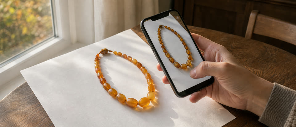 Smartphone-Foto-Setup für die Bernstein-Bewertung, Olivenkette flach auf weißem Papier am Fensterlicht, daneben Hand mit Handy, das die Kette im Sucher zeigt