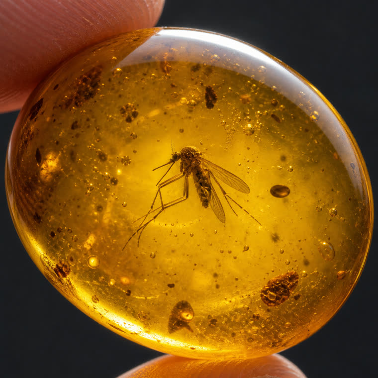 Macro-Aufnahme: eine vollständig erhaltene Mücke als Inkluse im Bernstein-Cabochon, im Gegenlicht durchleuchtet, alle Beine und Flügel klar sichtbar