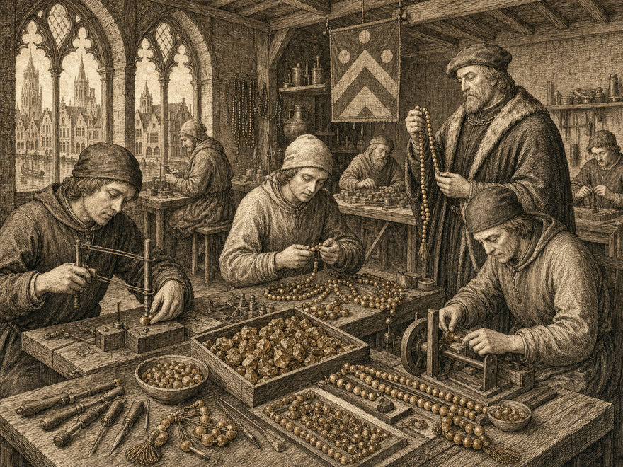 Bernstein-Zunftwerkstatt in Brügge um 1302: Handwerker fertigen Bernstein-Gebetsperlen, Zunftmeister prüft die Arbeit, digitale Illustration im Kupferstich-Stil