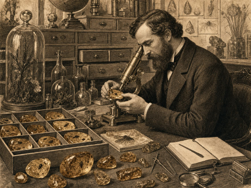 Naturforscher untersucht Bernstein-Inklusen unter dem Mikroskop, 19. Jahrhundert (Helm, Conwentz, Klebs), digitale Illustration im Kupferstich-Stil