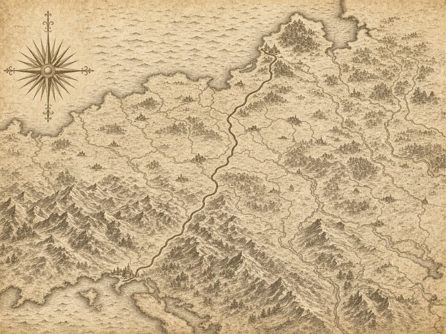 Karte der Bernsteinstraße von der Samlandküste an der Ostsee bis Aquileia an der Adria, digitale Illustration im Kupferstich-Stil