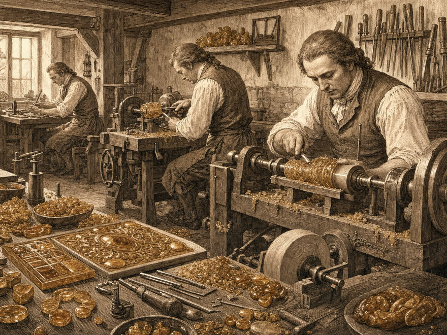 Preußische Bernsteindreher an Drechselbänken fertigen Bernsteinpaneele, frühes 18. Jahrhundert, digitale Illustration im Kupferstich-Stil