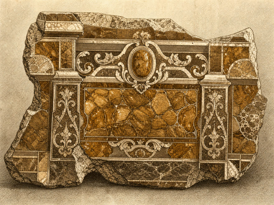 Geborgenes Original-Florentiner Steinmosaik des Bernsteinzimmers als Museumstafel, digitale Illustration im Kupferstich-Stil