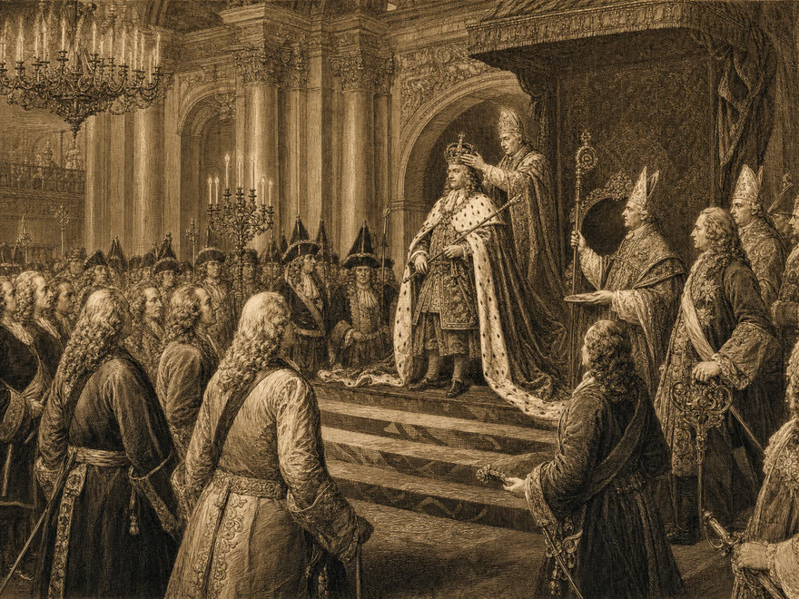 Krönung Friedrichs I. von Preußen in Königsberg 1701, barocker Hofstaat im Audienzsaal, digitale Illustration im Kupferstich-Stil