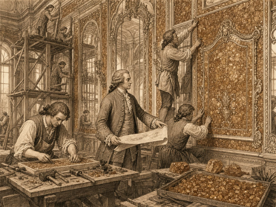 Einbau der Bernsteinpaneele im Katharinenpalast unter Rastrelli, 1755 bis 1763, digitale Illustration im Kupferstich-Stil