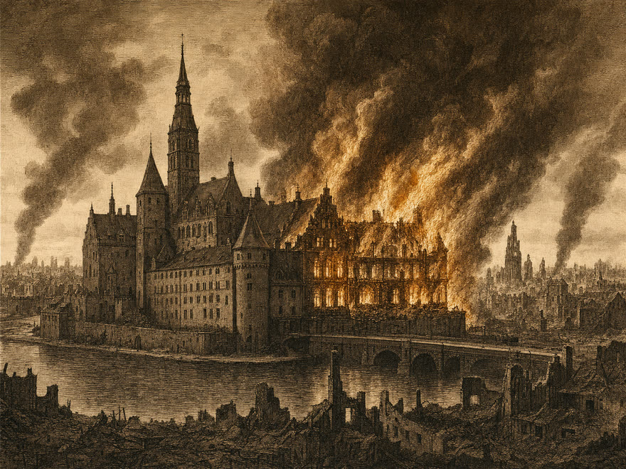 Das brennende Königsberger Schloss 1944, Verlust des Bernsteinzimmers, digitale Illustration im Kupferstich-Stil