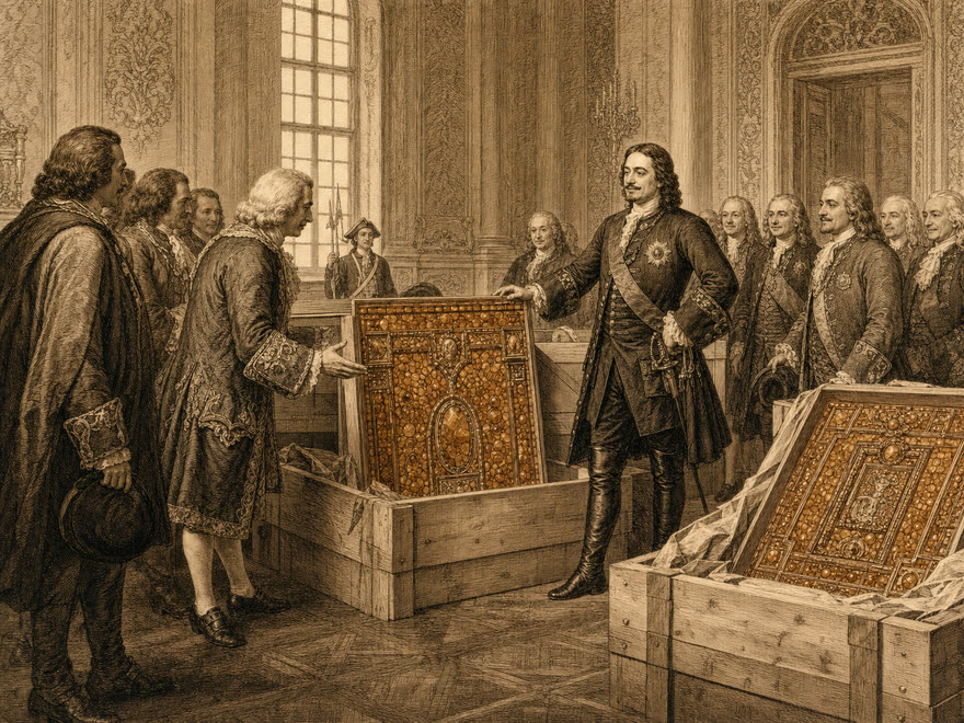 Peter der Große empfängt das Bernsteinzimmer 1716 als diplomatisches Geschenk, verpackte Paneele im Palastsaal, digitale Illustration im Kupferstich-Stil