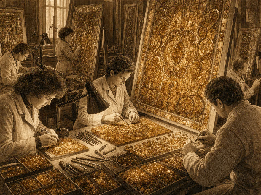 Restauratoren rekonstruieren die Bernsteinpaneele in Zarskoje Selo, 1979 bis 2003, digitale Illustration im Kupferstich-Stil