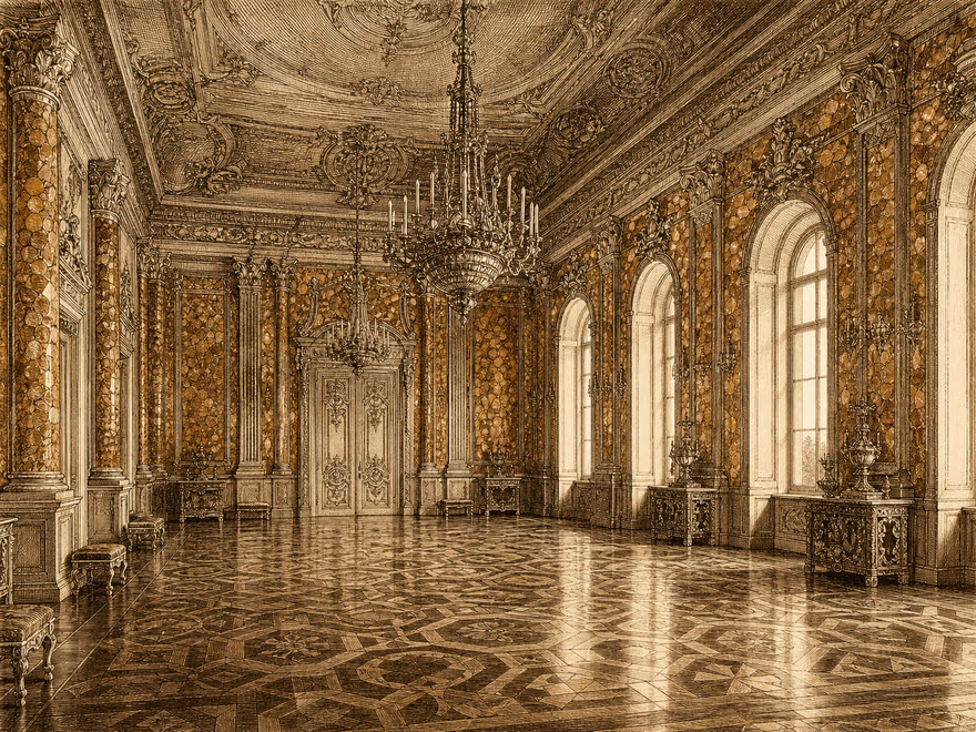 Prunksaal im Winterpalast zu St. Petersburg mit Bernsteinpaneelen, frühes 18. Jahrhundert, digitale Illustration im Kupferstich-Stil