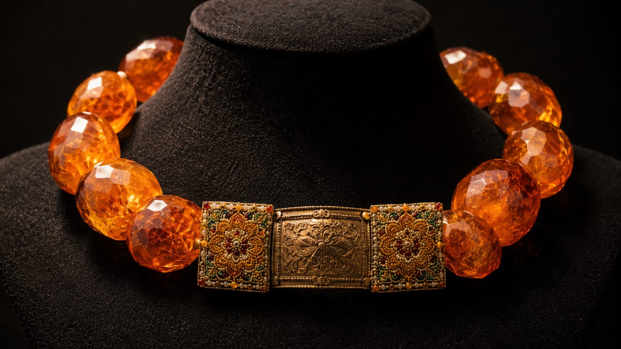 Bückeburg amber folk-costume necklace on a dark bust: a single strand of large faceted honey-amber beads with a large engraved gilt silver clasp