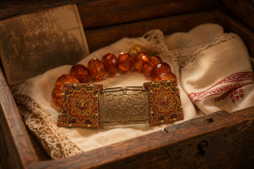 Bückeburg amber folk-costume necklace with a large silver clasp in an old dowry chest on linen, beside a yellowed family photograph