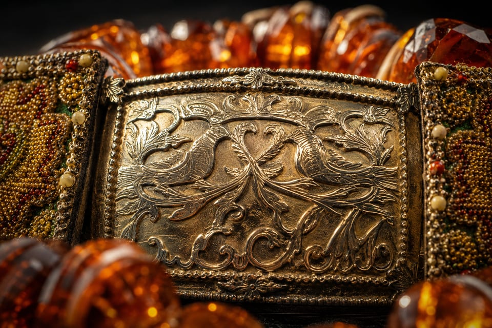 Macro of a large engraved, gilt silver ornamental clasp from a Bückeburg costume necklace with applied filigree between large amber beads