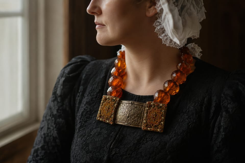 Woman in black Schaumburg-Lippe Tracht with a white lace bonnet, wearing a single-strand honey-amber Kralln with a large engraved clasp over the dark bodice