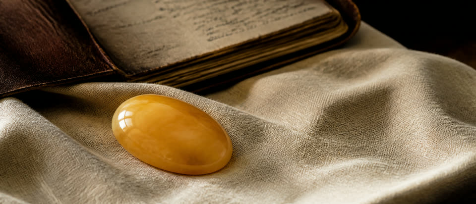 Natur-Butterscotch-Cabochon auf cremefarbenem Leinen, Sammler-Journal im Hintergrund