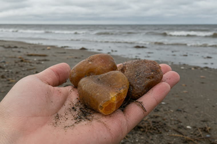 Strandsteine — KEIN Bernstein. Bernstein wird häufig mit gewöhnlichen Steinen verwechselt, ist aber deutlich leichter und schwimmt in Salzwasser.