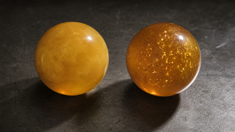 Vergleich Natur-Butterscotch gegen autoklavierten Bernstein, Fischschuppen-Effekt sichtbar