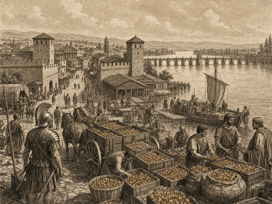 Römische Handelsstation Carnuntum an der Donau mit Bernstein-Kisten und Karren, digitale Illustration im Kupferstich-Stil