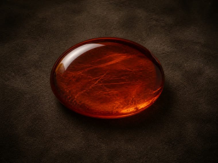 Großer polierter Cognac-Bernstein-Cabochon mit klar transparenter tiefer Cognac-Farbe auf dunklem Wildleder