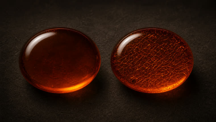 Vergleich zwischen natürlichem Cognac-Bernstein und autoklaviertem Cognac mit Fischschuppen-Strukturen