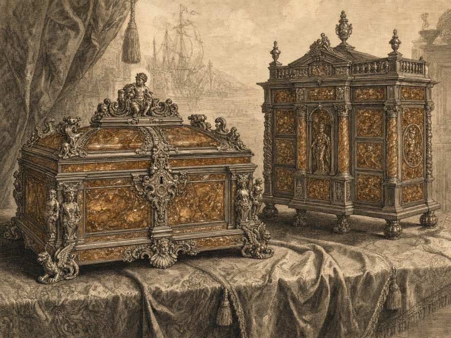 Barocke Danziger Bernstein-Kunstkammer mit Prunkkassette und Kabinettschrank, um 1650, digitale Illustration im Kupferstich-Stil