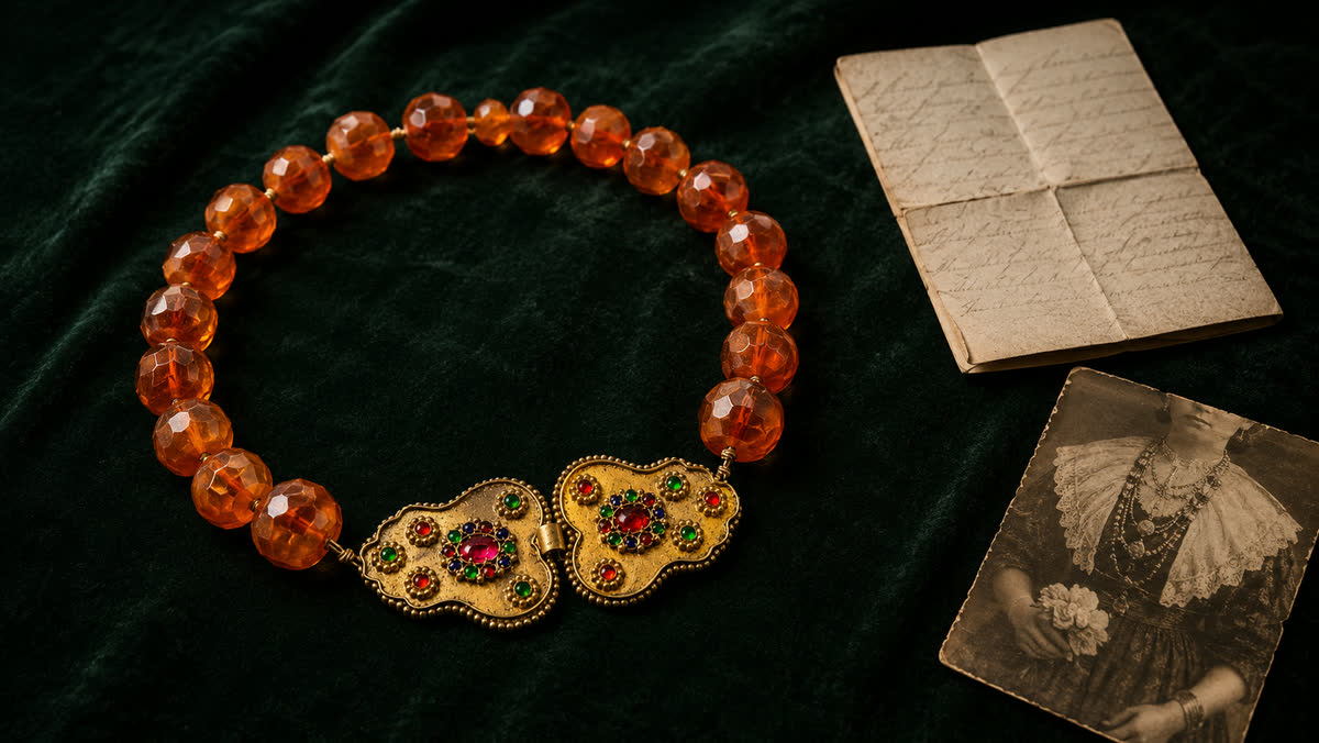 Antike facettierte Bückeburger Bernstein-Trachtkette mit ornamentalem Gold-Mittelteil und Email-Cabochons, auf dunkelgrünem Samt, daneben ein gefaltetes handgeschriebenes Provenienz-Dokument und ein altes Sepia-Porträt einer Trachtträgerin