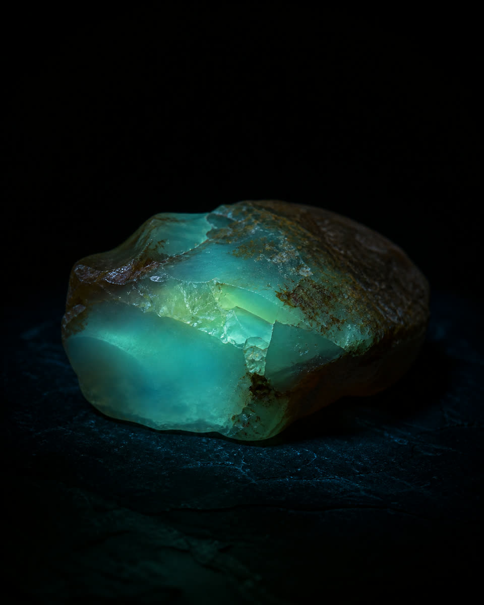 UV-Fluoreszenz-Test 365nm an Rohbernstein, charakteristisches blau-grünes Glühen im Dunkeln