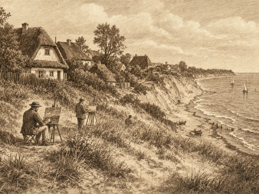 Künstlerkolonie Ahrenshoop am Fischland, Reetdachhäuser an der Steilküste, digitale Illustration im Kupferstich-Stil