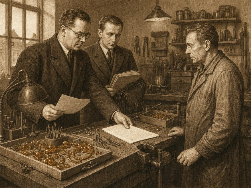 Zwangsverwaltung und Enteignung einer Schmuckwerkstatt in der frühen DDR, digitale Illustration im Kupferstich-Stil