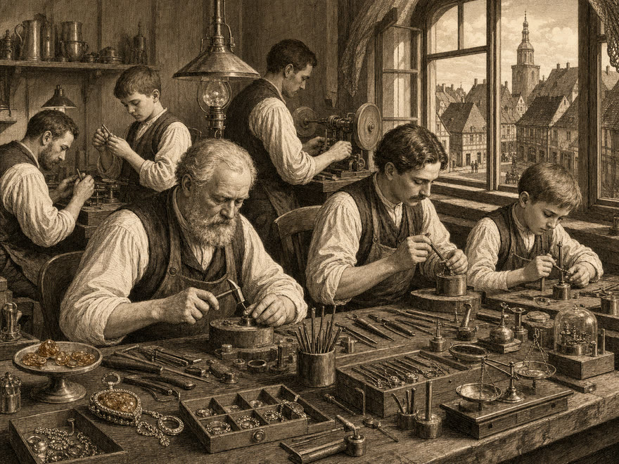 Goldschmiede-Dynastie Kramer an der Werkbank in Ribnitz im 19. Jahrhundert, digitale Illustration im Kupferstich-Stil