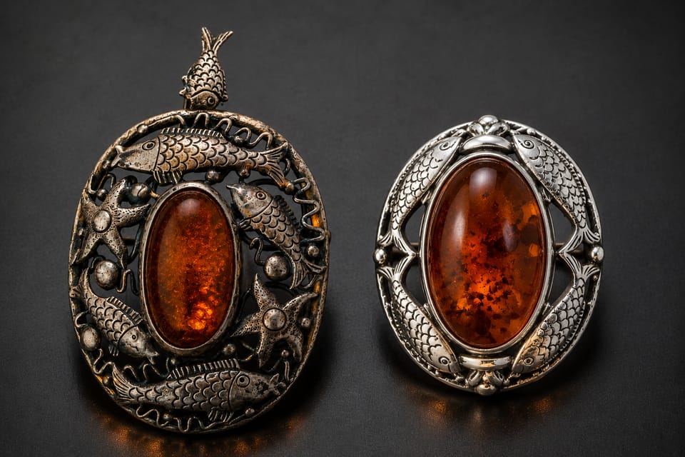 Two silver-and-amber brooches with fish motifs compared under raking light: on the left hand-soldered, irregular appliqués, on the right uniform cast series production