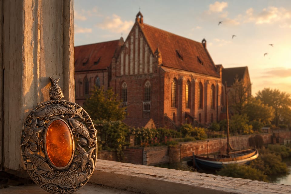 Silver and amber pendant with fish motifs on a windowsill in evening light, with the brick facade of the Convent of the Poor Clares in Ribnitz-Damgarten in the background