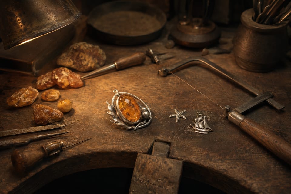 Goldsmith's workbench of the 1930s with a half-finished Fischland pendant: amber cabochon in a silver setting, beside it loose starfish and sailing-ship appliqués, a fretsaw and raw amber