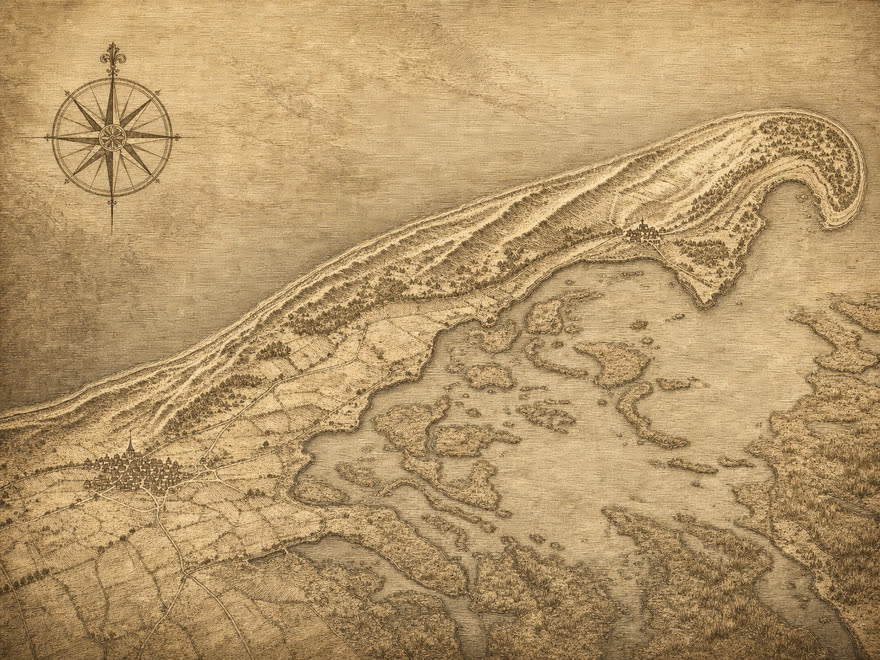 Karte der Halbinsel Fischland-Darß-Zingst an der Ostsee mit Ribnitz und Ahrenshoop, digitale Illustration im Kupferstich-Stil