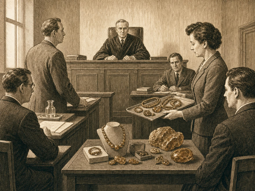 Markenstreit um den Namen Fischlandschmuck vor Gericht, digitale Illustration im Kupferstich-Stil