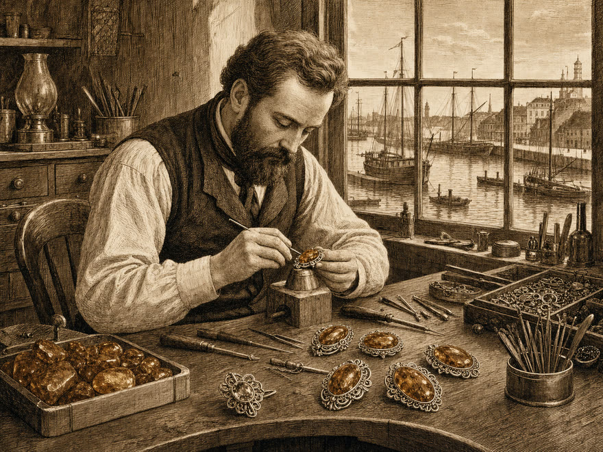 Werkstatt der Firma G. Kramer jun. in Travemünde, westdeutsche Linie, digitale Illustration im Kupferstich-Stil