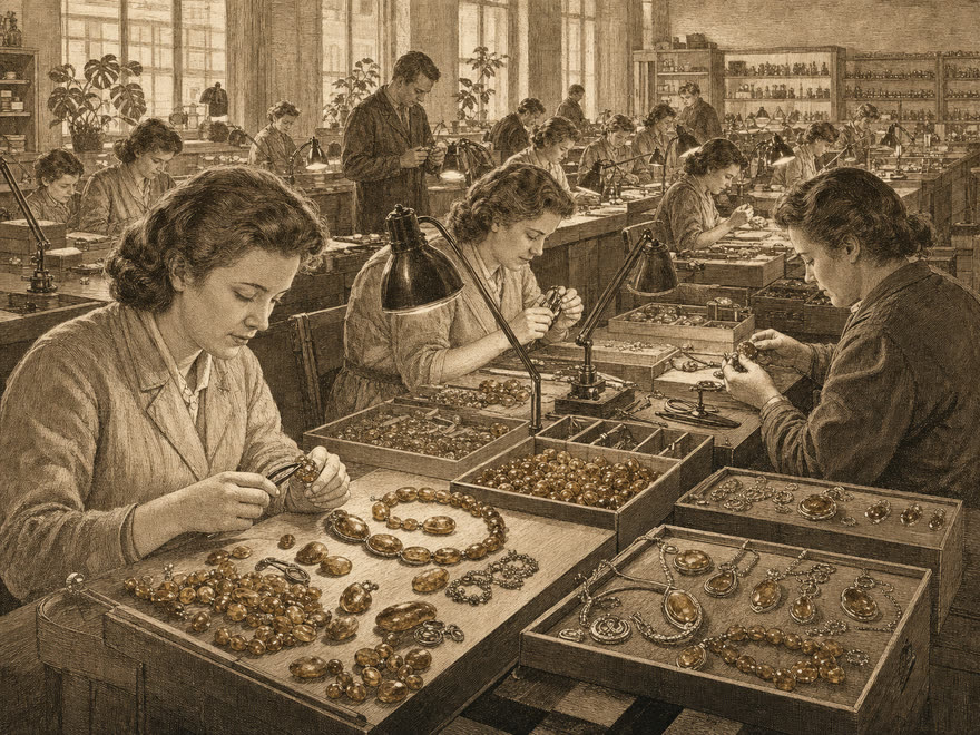 Fertigungshalle des VEB Ostsee-Schmuck, größter Schmuckproduzent der DDR, digitale Illustration im Kupferstich-Stil