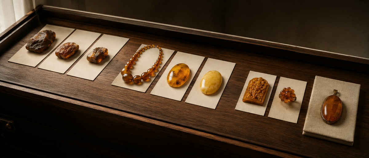 Museums-Vitrine im Überblick — eine Reihe kuratierter baltischer Bernsteinstücke auf cremefarbenen Karten auf warmem Walnussholz: Roh-Klumpen, antike Olivenkette, Cabochons in Honig und Butterscotch, geschnitzter Brosche-Reliefs und Pendant
