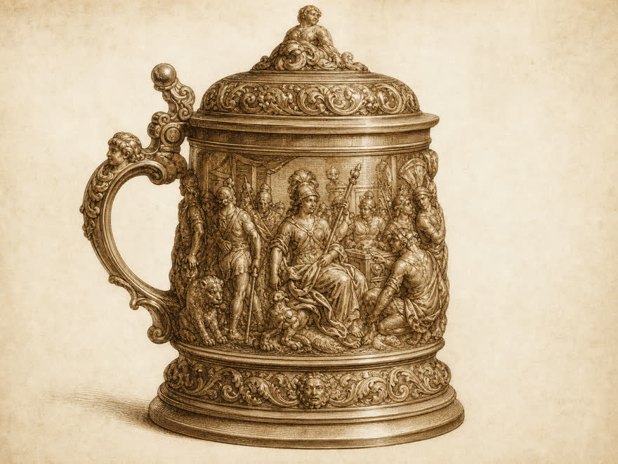 Barocker Bernstein-Humpen mit figürlichem Relief in der Manier Georg Schreibers, um 1650, digitale Illustration im Kupferstich-Stil