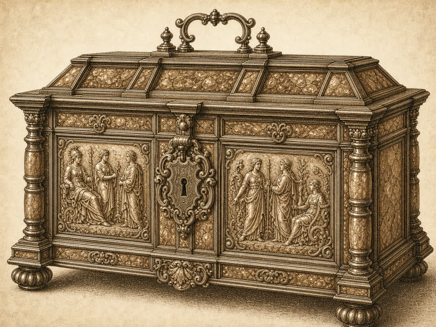 Barocke Königsberger Bernstein-Kassette mit mythologischen Reliefs und Säulen, um 1660, digitale Illustration im Kupferstich-Stil