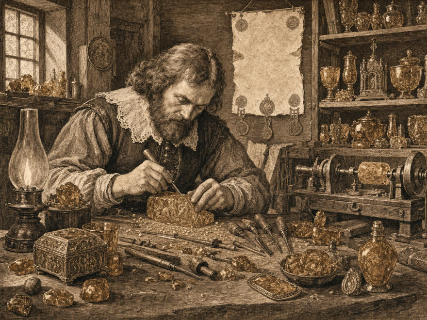 Königsberger Bernsteinmeister schnitzt ein Relief an der Werkbank, Zunftgründung um 1641, digitale Illustration im Kupferstich-Stil