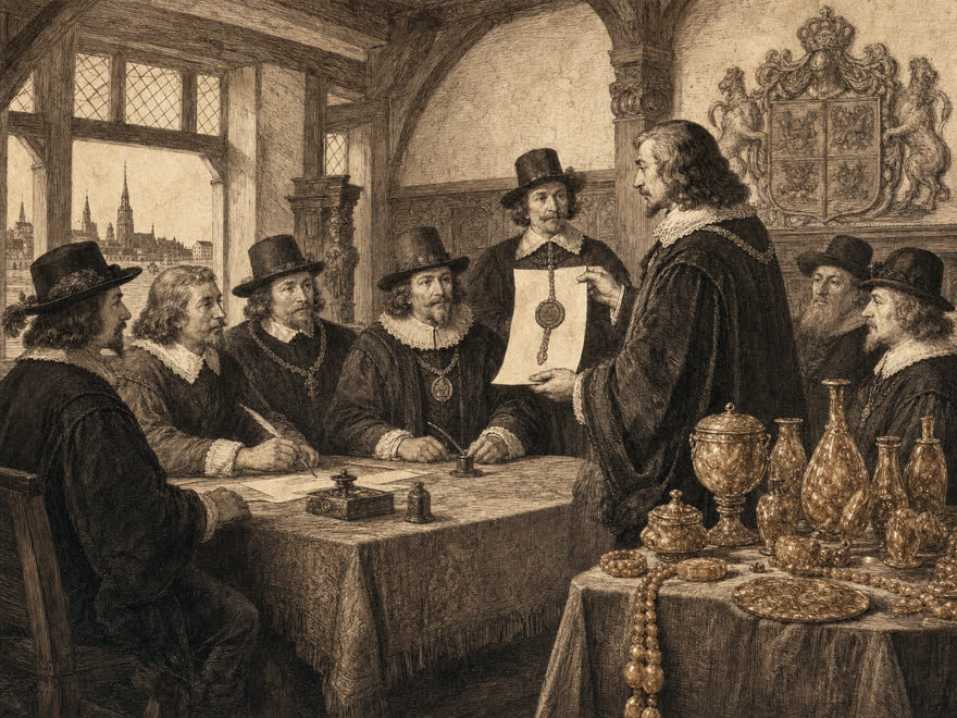 Gründung der Königsberger Bernsteinzunft 1641: Meister erhalten die Zunfturkunde, digitale Illustration im Kupferstich-Stil
